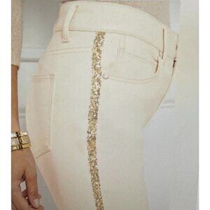 Talbots Womens 14P Beige Straight Leg Jeans With Gold Sequin Side Trim